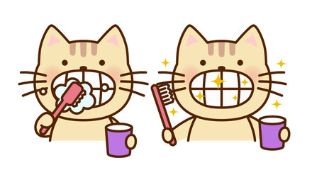 歯みがきをするかわいいねこのイラスト
