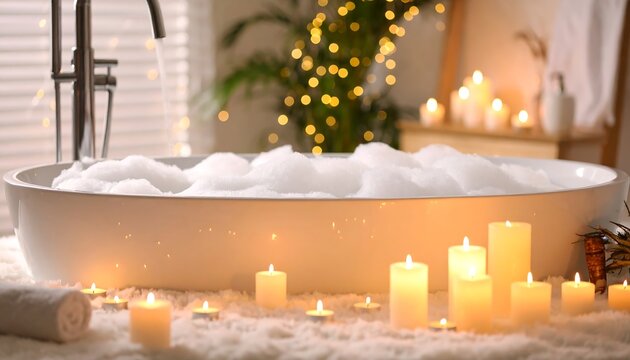Relaxing bubble bath with candles, and home spa.