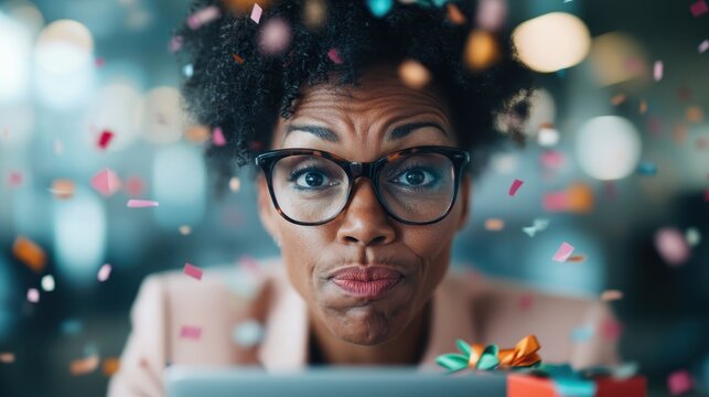 A surprised woman surrounded by vibrant confetti and gift decorations, showcasing her mixed emotions of joy and curiosity while celebrating a special moment or occasion.