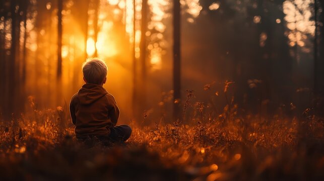 A calm child sits in solitude as the sun sets behind towering trees, showcasing a beautiful glow that evokes feelings of peace and introspection in a natural setting. - Powered by Adobe