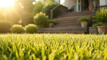 Papier peint photo intissé Fresh green lawn in front of a nice home, with sunlight filtering through trees and creating a peaceful, inviting outdoor scene