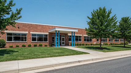 Modern public school building with blue columns on sunny day