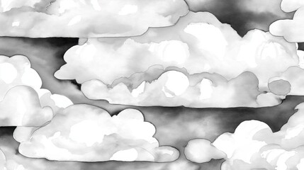 Watercolor Clouds: White and Gray Atmospheric Textures, Overcast Skyscape, Soft Fluffy Layers, Abstract Natural Weather Illustration with Dramatic Contrast and Shading for a Dreamy Background