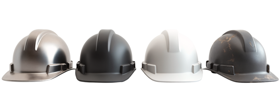 A row of four hard hats lined up in a row.