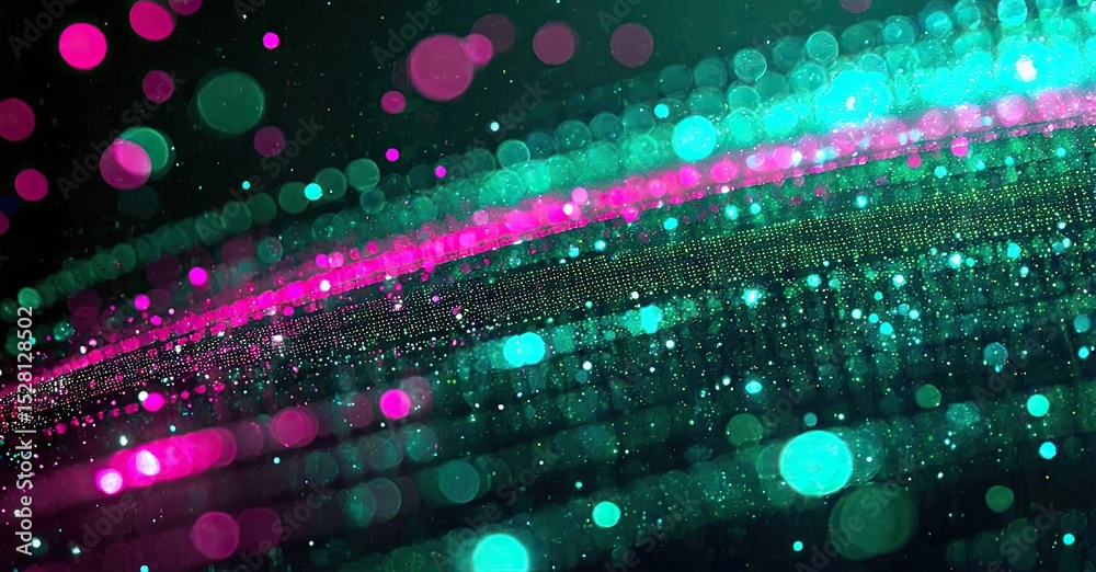 Poster abstract background features vibrant pink, teal lights. sparkling particles create dynamic wave effe