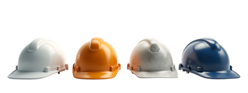 A row of four hard hats lined up in a row.