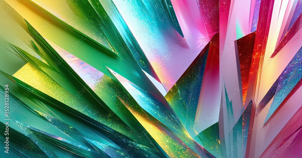 Poster Abstract crystal formations display vibrant colors, sharp angles, dynamic lighting. Glitter adds sparkle, creating energetic visual impact.