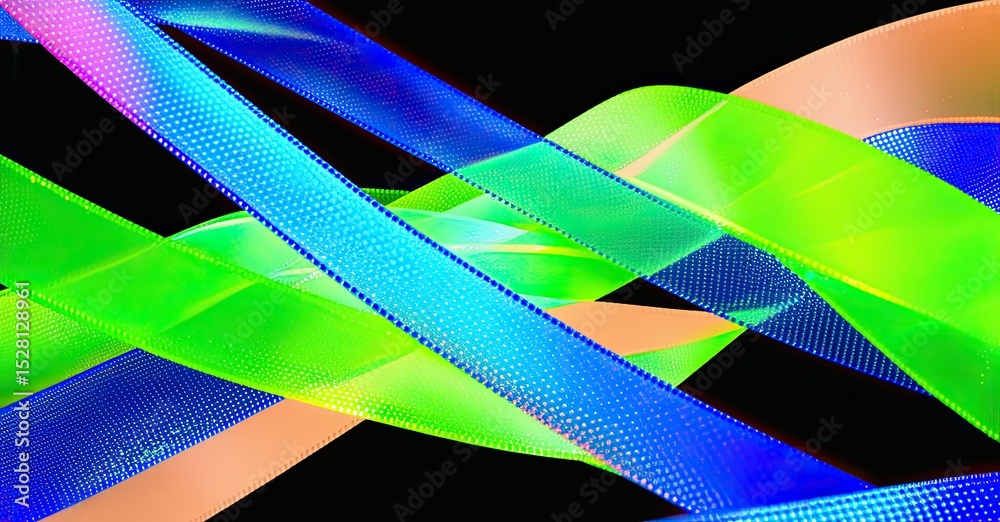 Poster Bright ribbons interweave, creating dynamic abstract composition. Vivid colors blend, forming flowing patterns. Modern design element.