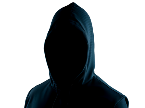 one caucasian man in black hoodie silhouette in studio on white background