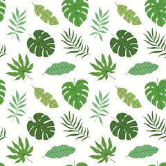 Seamless vector pattern with tropical leaves.