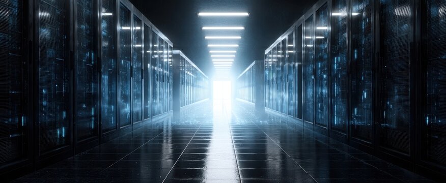 The illuminated corridor of a futuristic data server room.