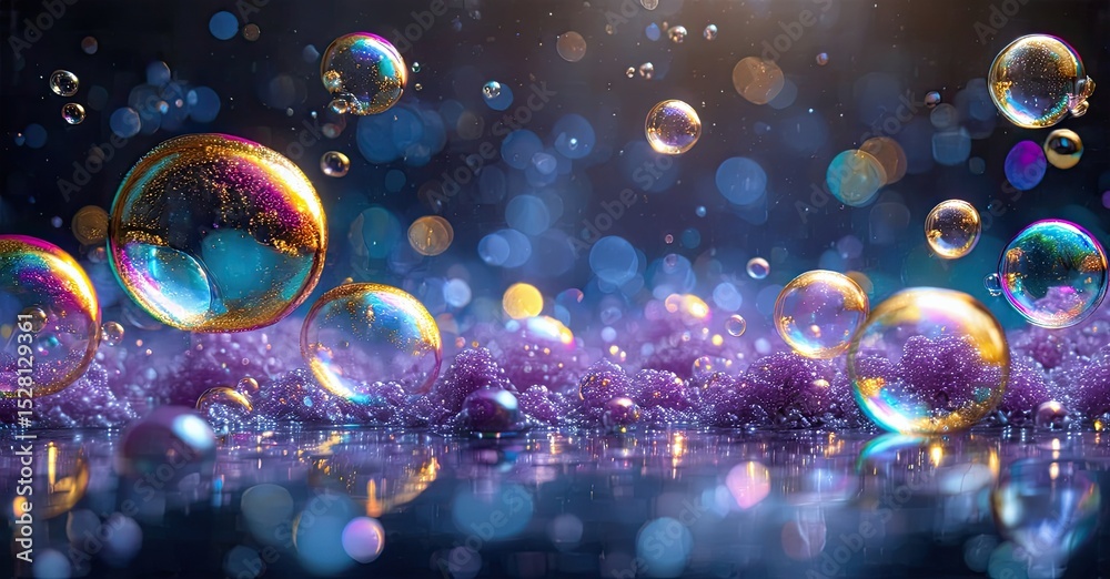 Leinwandbilder iridescent bubbles float, reflect light. purple surface mimics water, creating magical scene. bright