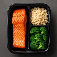 Modern design 3-compartment food container in all black, featuring grilled salmon, soft quinoa side dish, and bright green steamed broccoli, emphasizing the taste and nutritional value inside.