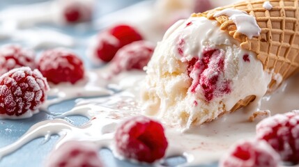 A delightful image of an ice cream cone that has toppled over, spilling creamy vanilla ice cream and vibrant raspberries onto a pastel surface, capturing the essence of indulgence.