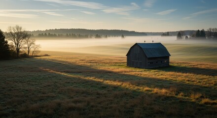 Misty Barn at Sunrise: A rustic wooden barn stands alone in a misty field at sunrise, bathed in the warm golden light. Long shadows stretch across the dewy grass.