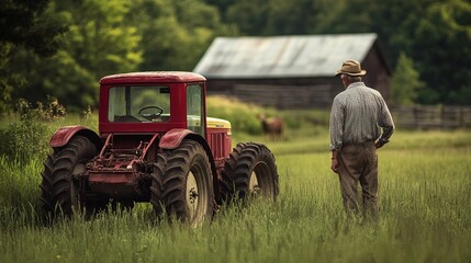 Obraz premium Farmer with a tractor in the background, rustic setting.