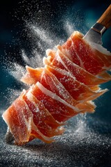 Prosciutto, dry cured ham very thin, sliced dynamically floating in air. Concept of prosciutto highlighting culinary elegance and art of slicing with precision.