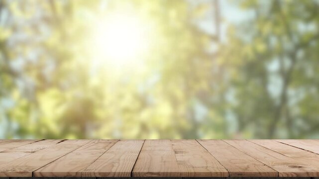 Empty wooden table with forest background