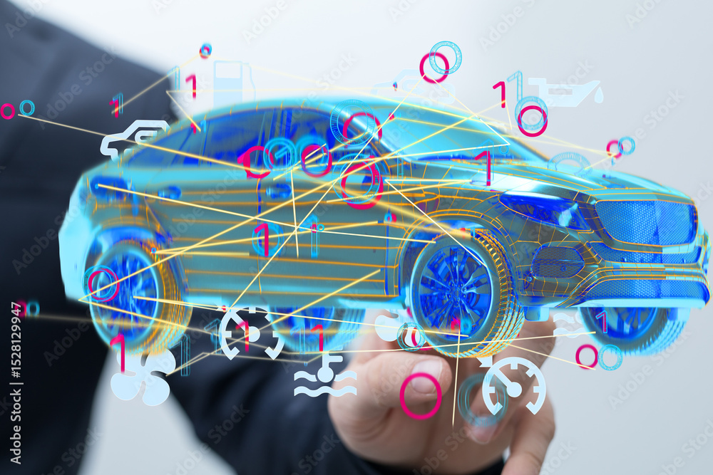 Poster Innovative automotive technology.  Digital car diagnostics and data visualization for efficient maintenance.