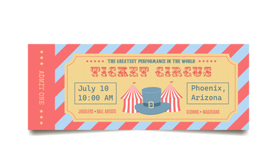 vintage circus ticket in blue and pink colors