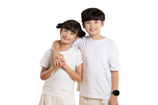 Portrait of Asian kid girl and kid boy posing on PNG  background	 - Powered by Adobe