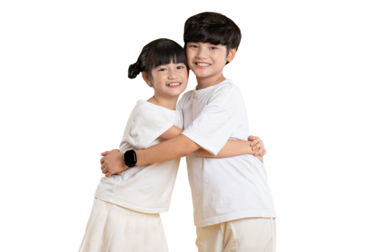 Portrait of Asian kid girl and kid boy posing on PNG  background	