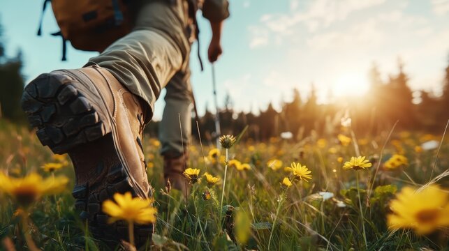 A hiker traverses a vibrant flower-filled meadow during sunset, capturing the beauty of nature and the joy of outdoor exploration amidst colorful blossoms and soft light.