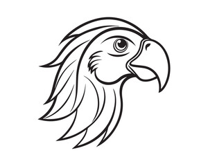 Fototapeta premium A black and white line drawing of a parrot head in profile view isolated on transparent background, PNG 