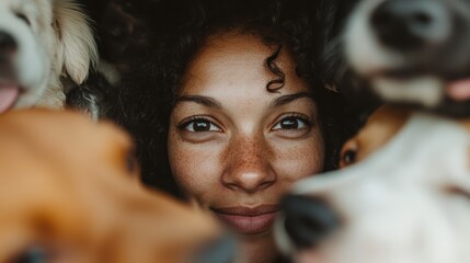 A joyful person smiles brightly while surrounded by affectionate dogs, capturing the essence of companionship, love, and the strong bond between humans and pets.