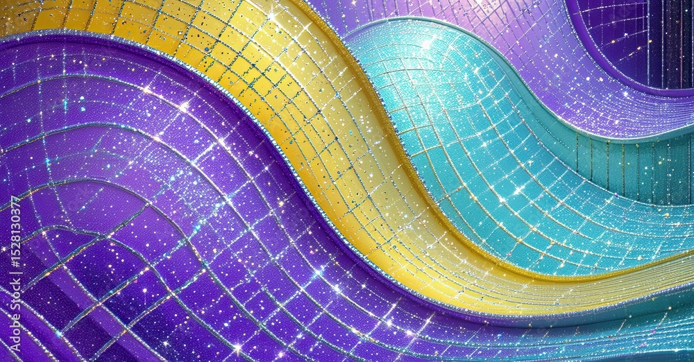 Poster abstract waves, vibrant colors, sparkling grid pattern. gold, turquoise, purple hues create dynamic 