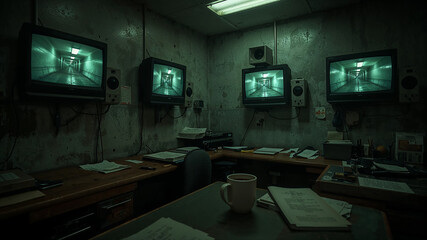 Security monitors showing empty corridor in deserted control room