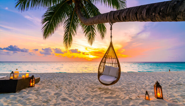 Serene Sunset Beach Scene Tropical Paradise with Hanging Chair