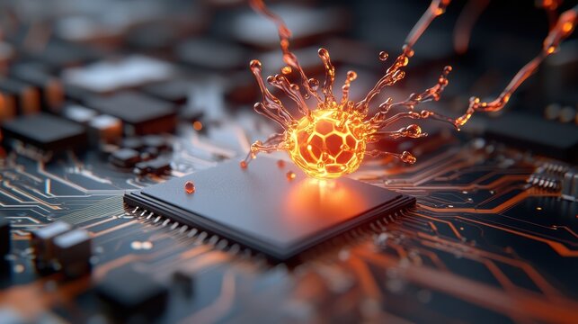 An abstract representation of a glowing particle bursting on a computer circuit board, symbolizing energy and innovation in technology, portraying the fusion of art and science.