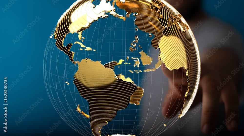 Aufkleber hand reaching towards a golden globe, symbolizing global connections and networking.