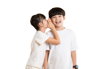 Portrait of Asian kid girl and kid boy posing on PNG  background	