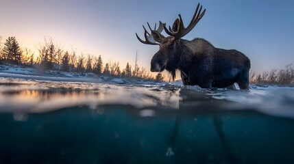 Naklejka premium Majestic moose standing in a serene river at sunset, surrounded by snowy trees and tranquil nature