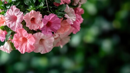 Obraz premium A vibrant hanging basket filled with blooming pink petunias against a lush green backdrop, illustrating the beauty and tranquility of nature in full bloom.