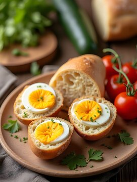 various foods including eggs, bread, vegetables and other foods. AI-Generated