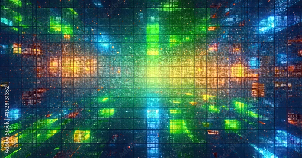 Leinwandbilder Bright grid tunnel. Vivid colors radiate from central point, creating futuristic visual effect. Dark background emphasizes luminosity.