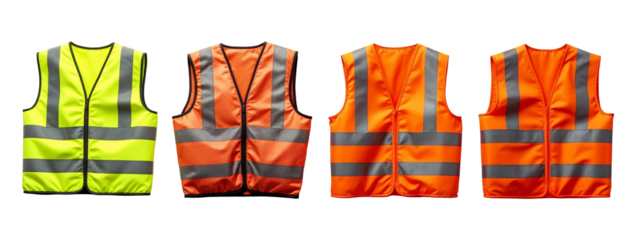 A group of four different colored safety vests