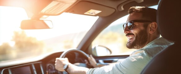The happy man driving a car with sunglasses enjoying his journey.
