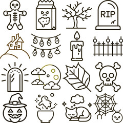 Halloween Icons Set Spooky Outlines of Pumpkin, Ghost, Grave, Haunted House, Cat and More!
