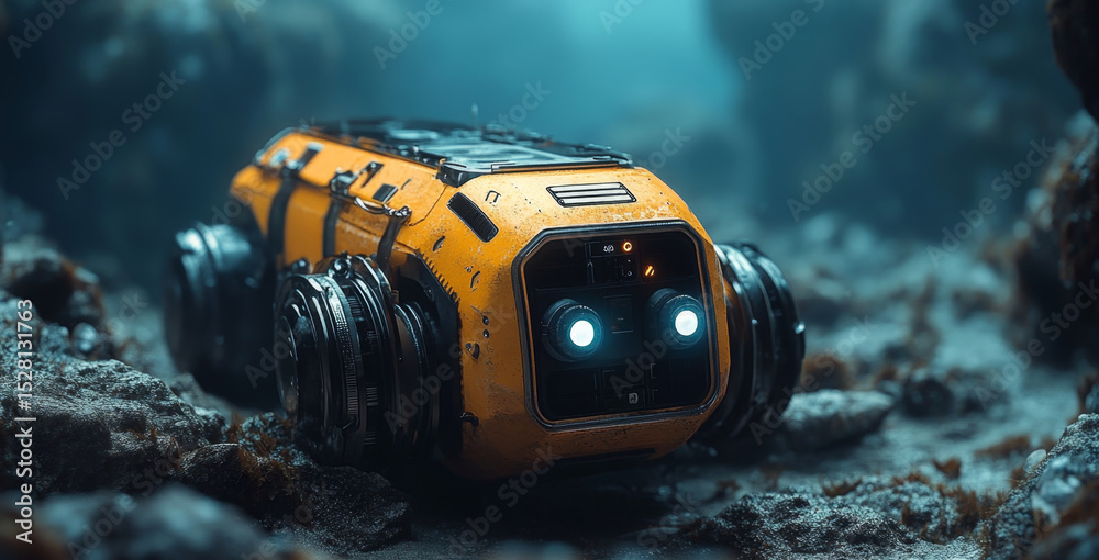 Poster this underwater robot submarine navigates the ocean floor, equipped for exploration in profound dept