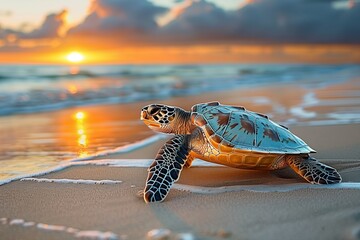 A Tranquil Sea Turtle's Journey on a Serene Beachside at Glorious Sunrise