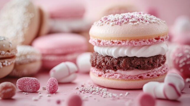 A close-up of delicious pink macarons elegantly arranged, capturing their exquisite details, textures, and colors, perfect for tempting sweets lovers and culinary enthusiasts alike.