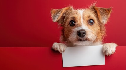 A cute dog peeks over a red barrier holding a blank sign, inviting viewers for a message, radiating positivity and charm, ideal for pet-related themes and communication.