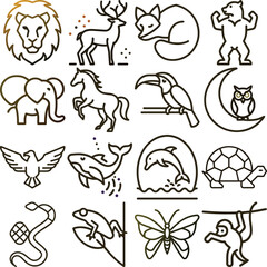 Line Art of Diverse Animals Lion, Deer, Fox, Bear, Elephant, Horse, Toucan, Owl, Eagle, Whale