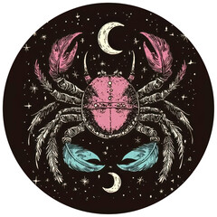 Cancer zodiac illustration in Boho style on black background