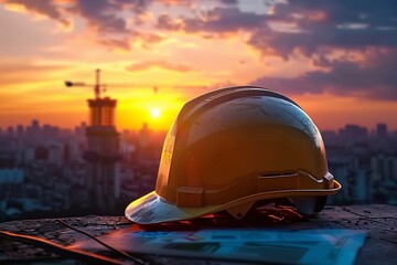 Construction Site at Sunset: A Hard Hat with City Skyline and Crane Silhouette in the Background