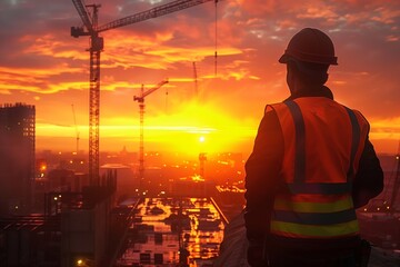 Construction Worker Overseeing Cityscape at Vibrant Sunset on Rooftop With Tower Cranes
